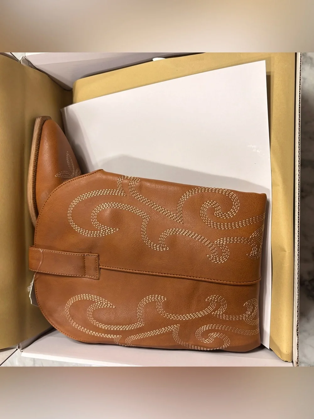 Rollda Cowboy Cowgirl Brown Tan Boots Embroidered Knee-High Side Zipper Women 7